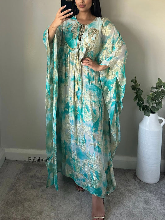 Aqua Blue Gold Ivory Jacquard Kaftan 001