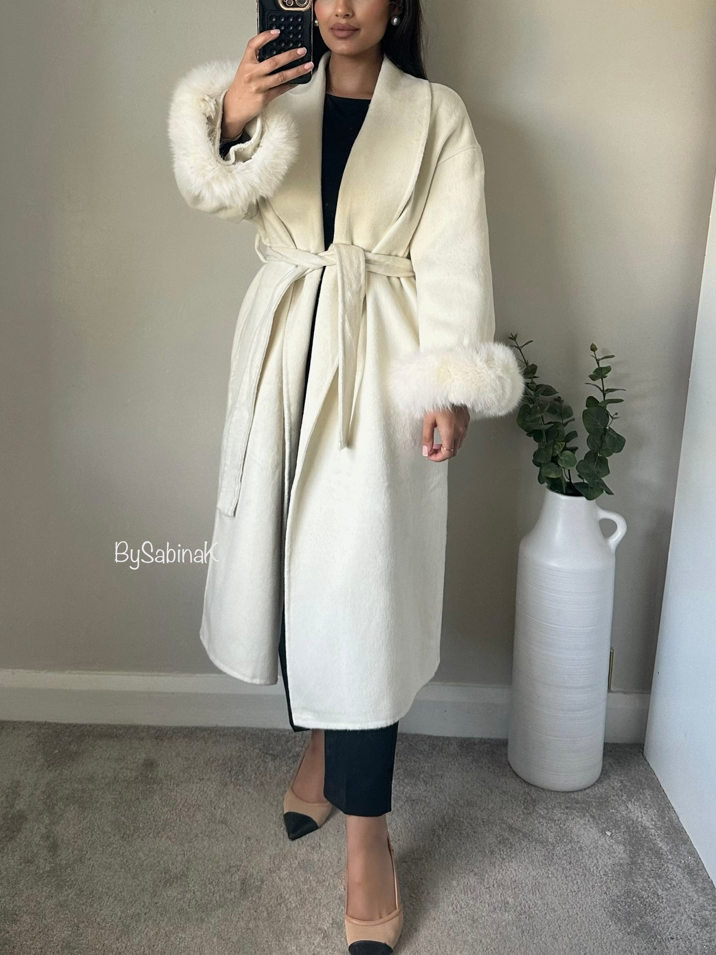 Ivory 100% Wool Fur Long Coat