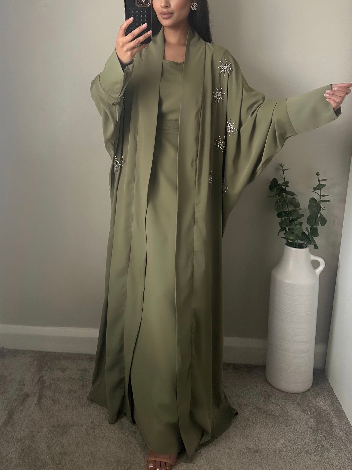 Khaki Green Rhinestone Detail Batwing Abaya Set