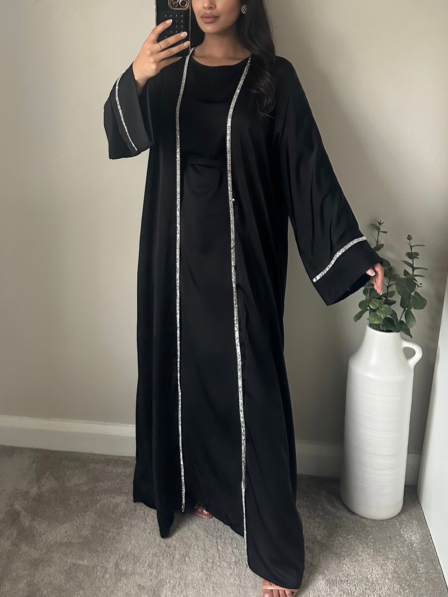 Black Silver Satin Crystal Trim Abaya Set