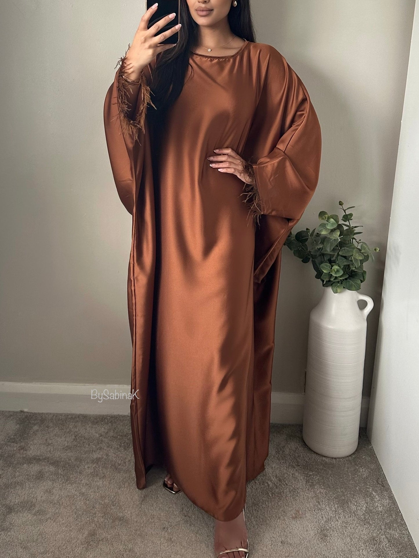 Camel Brown Feather Trimmed Abaya FA