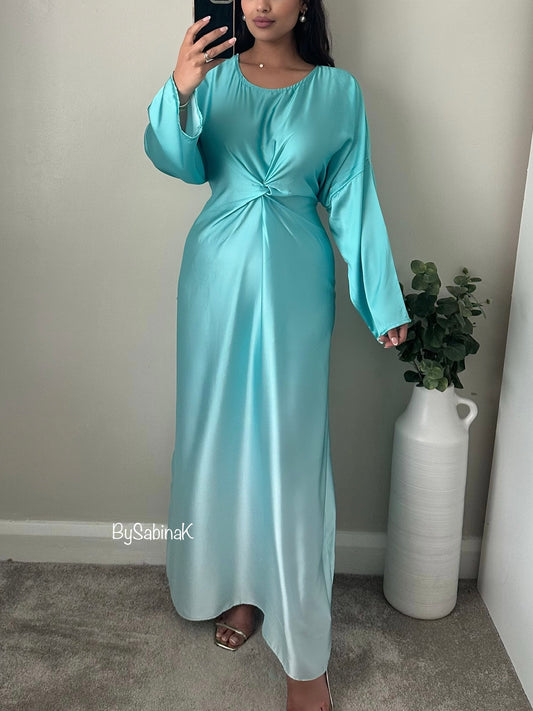 Aqua Blue Ombré Satin Twist Dress