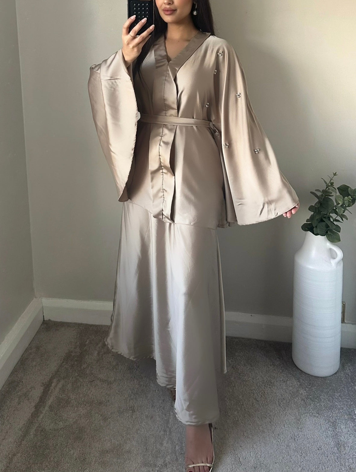 Taupe Rhinestone Belted Satin Skirt Co-ord