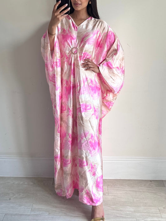 Pink Marble Satin Print Brooch Kaftan