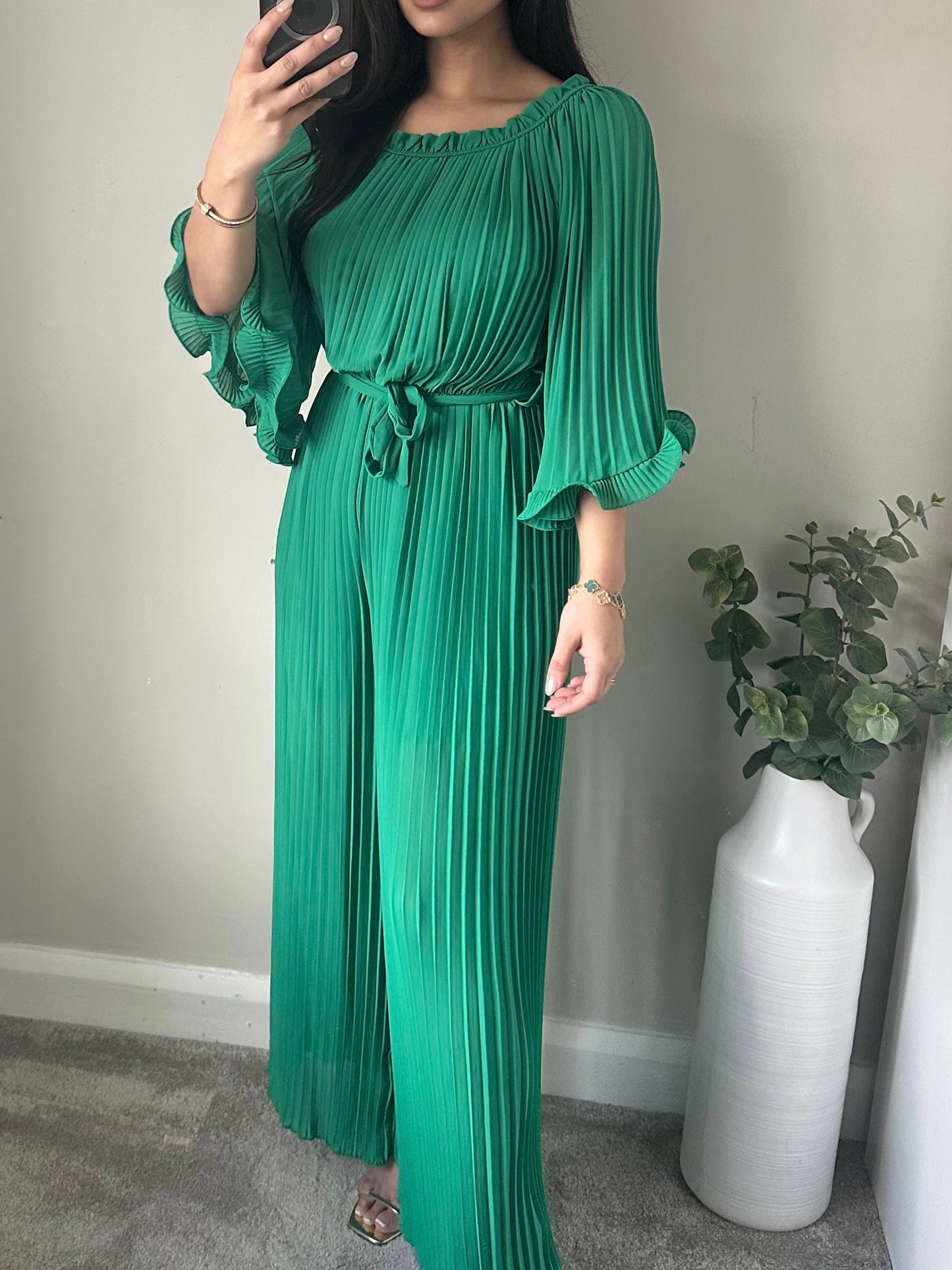 Green Pleated Chiffon Jumpsuit