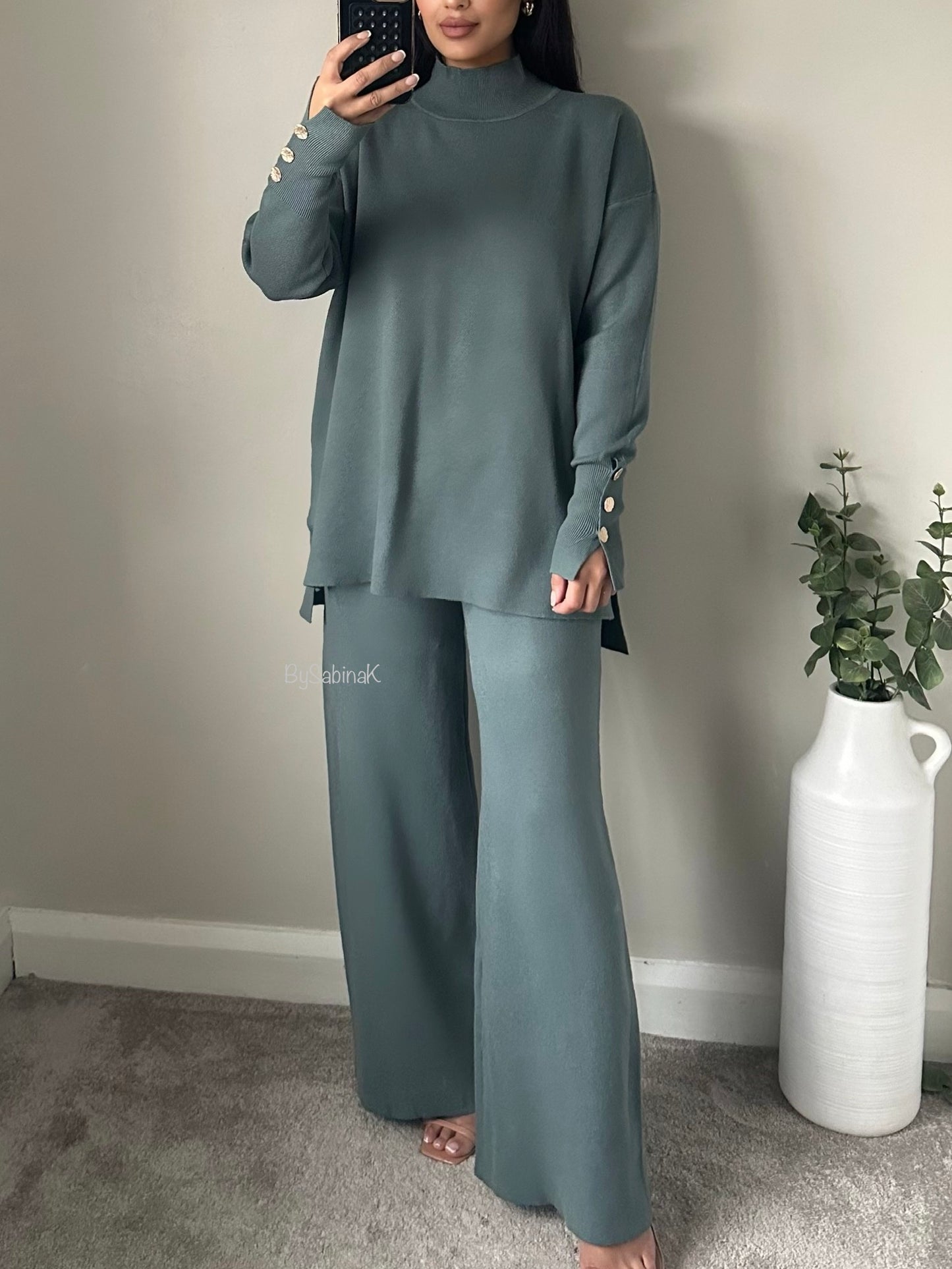 Grey Blue Longline Gold Sleeve Button Co-ord