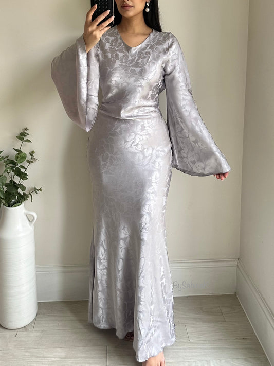 Grey Silver Floral Satin Flared Sleeve Dress