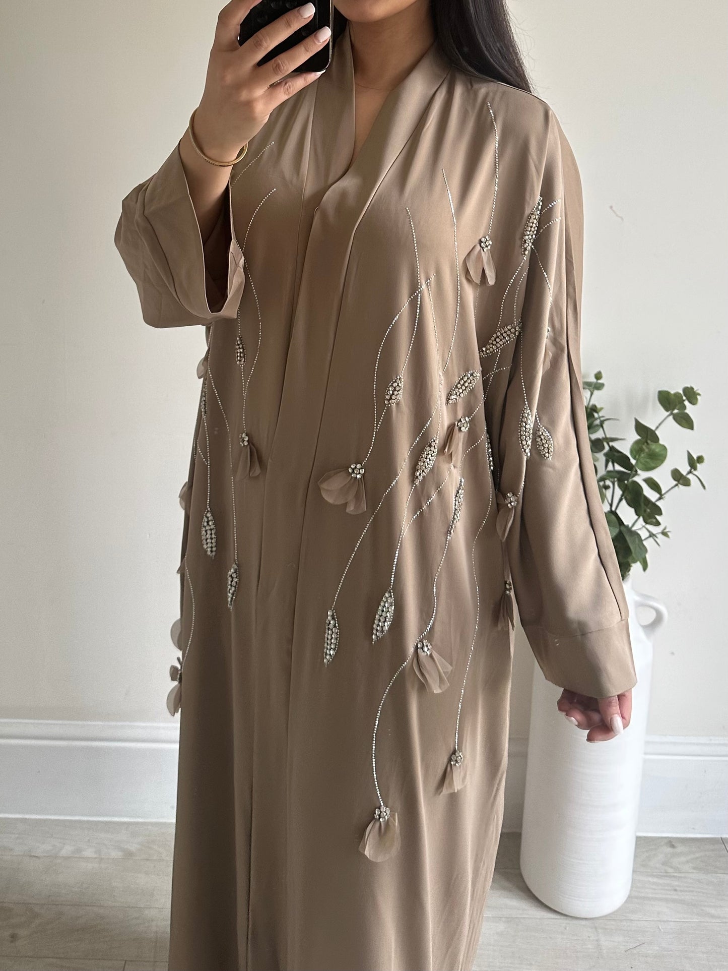 Mocha Flower Drop Embellished Buttoned Abaya