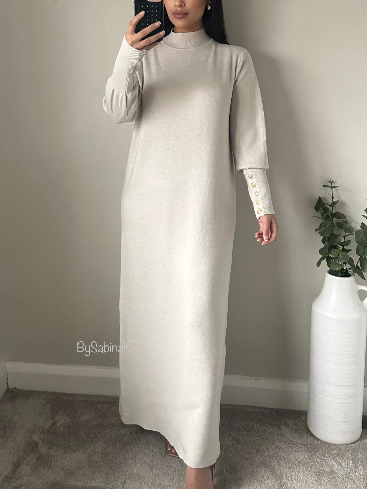 Ivory Thick Jumper Gold Button Sleeve Maxi Dress