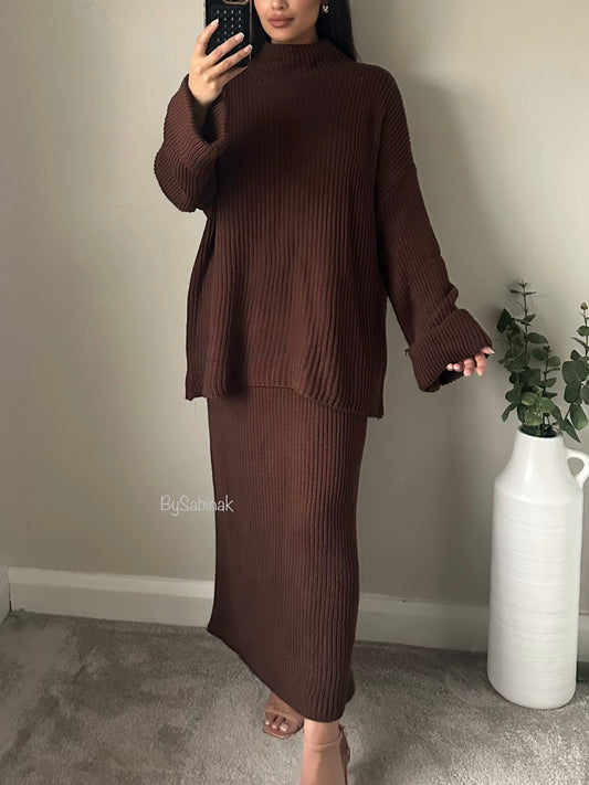 Brown Plain Knitted Co-ord Skirt Set