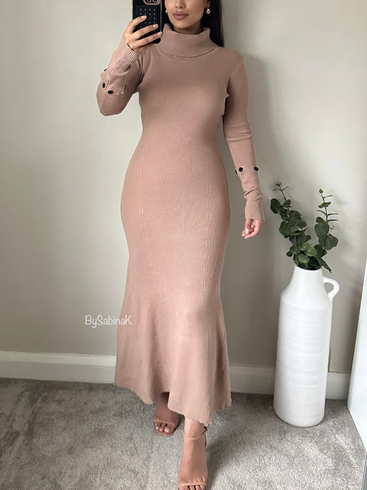 Beige High Neck Flare Knit Dress