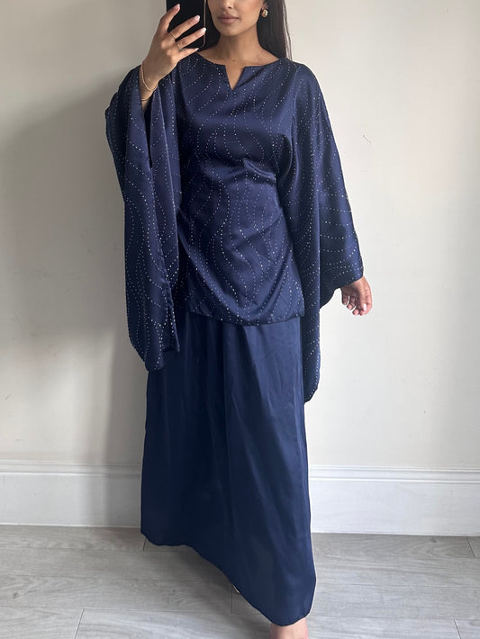 Navy Blue Satin Rhinestone Skirt Co-ord