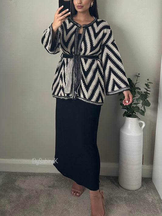 Black Beige Chevron Print Thick Knit Coatigan