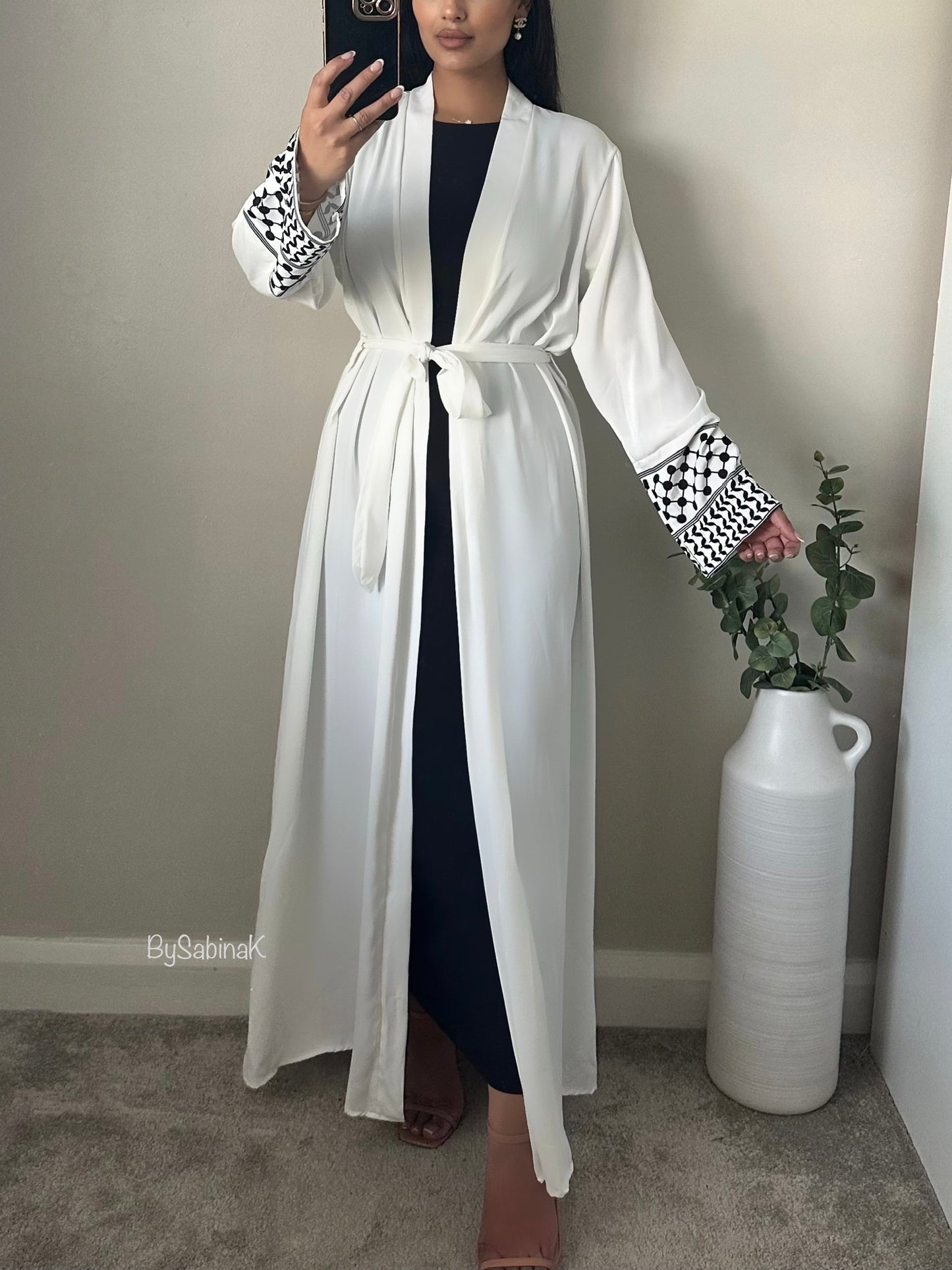 White Keffiyah Inspired Open Abaya