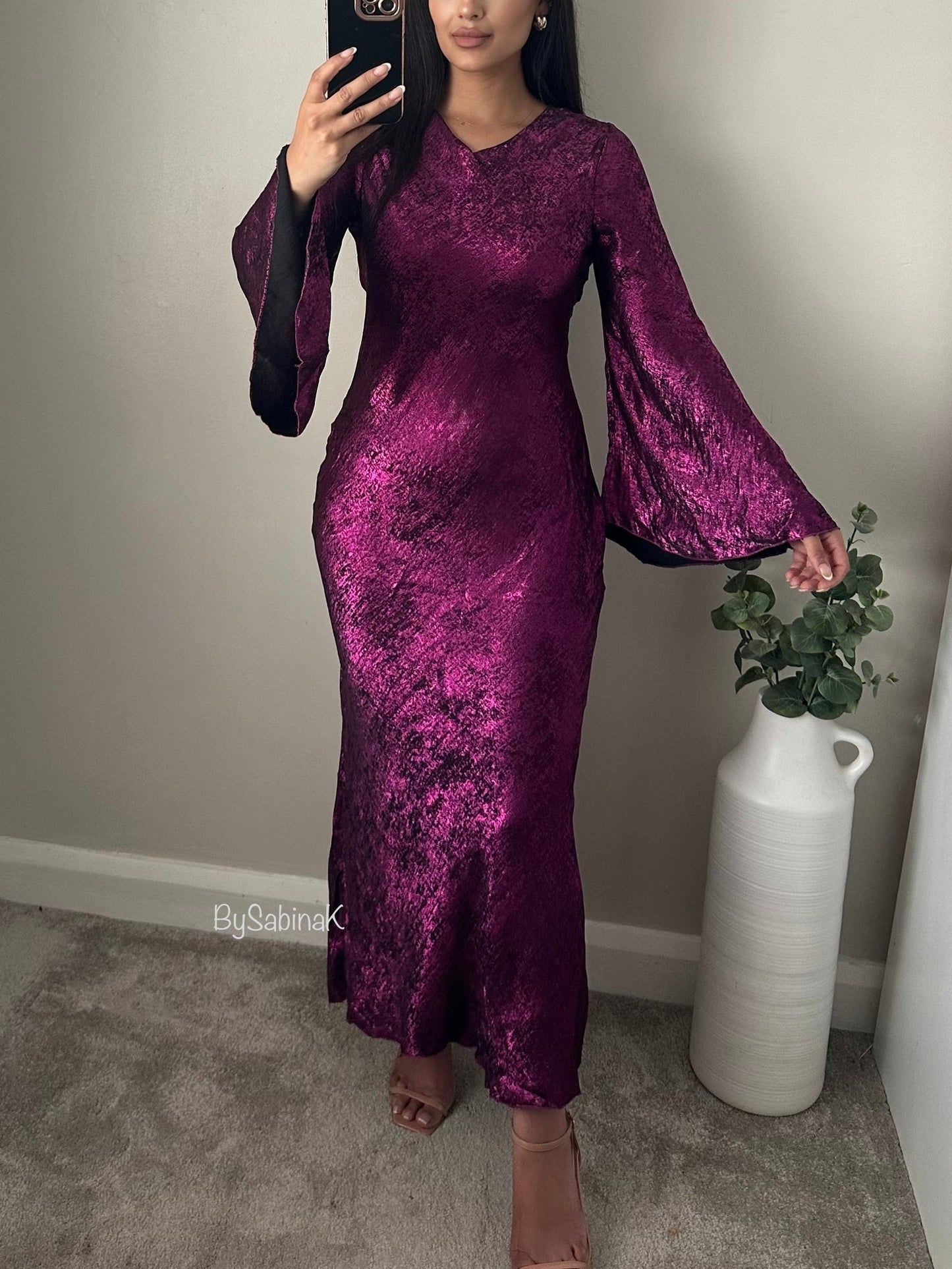 Magenta Pink Shimmer Flared Sleeve Dress
