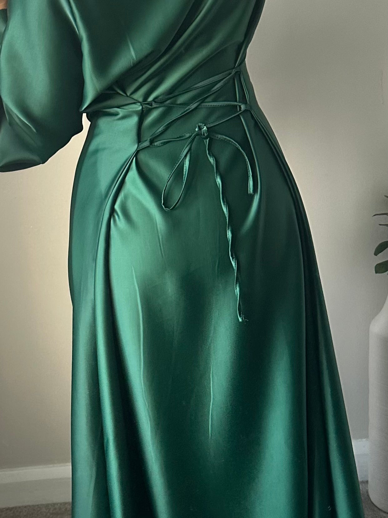 Khaki Green Satin Flared Sleeve Dress