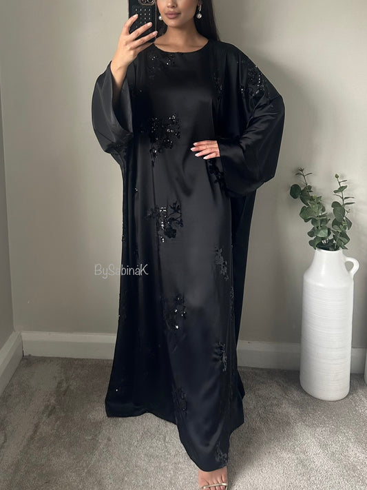 Black Satin Floral Sequins Details Kaftan Abaya