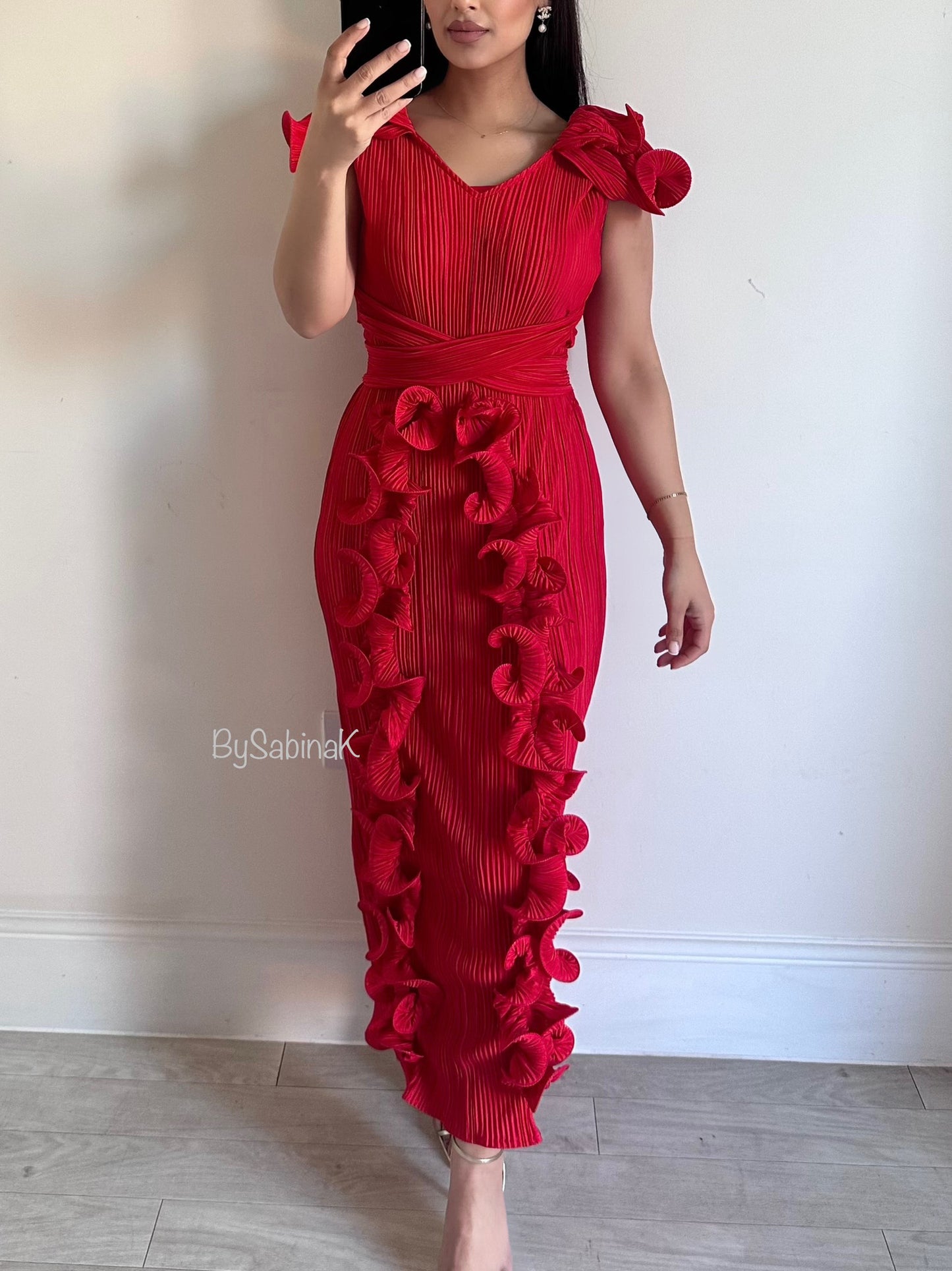 Red Ruffle Pleated Sleeveless Dress