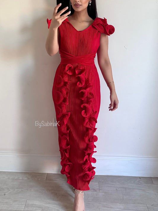 Red Ruffle Pleated Sleeveless Dress
