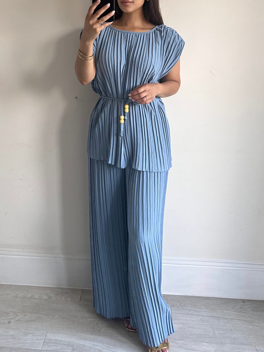 Blue Pleated Short Sleeve Set Co-ord