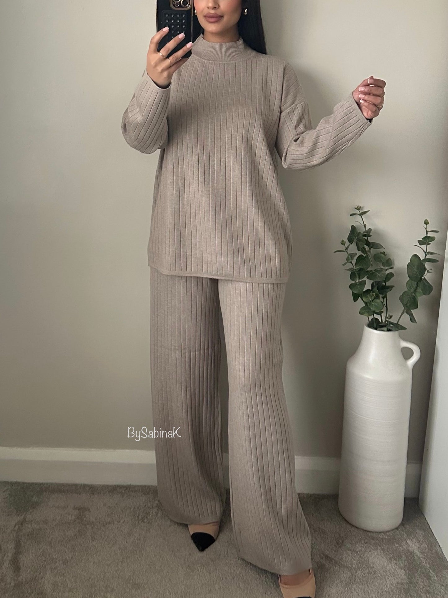 Beige Striped Knitted Co-ord (Premium Quality)