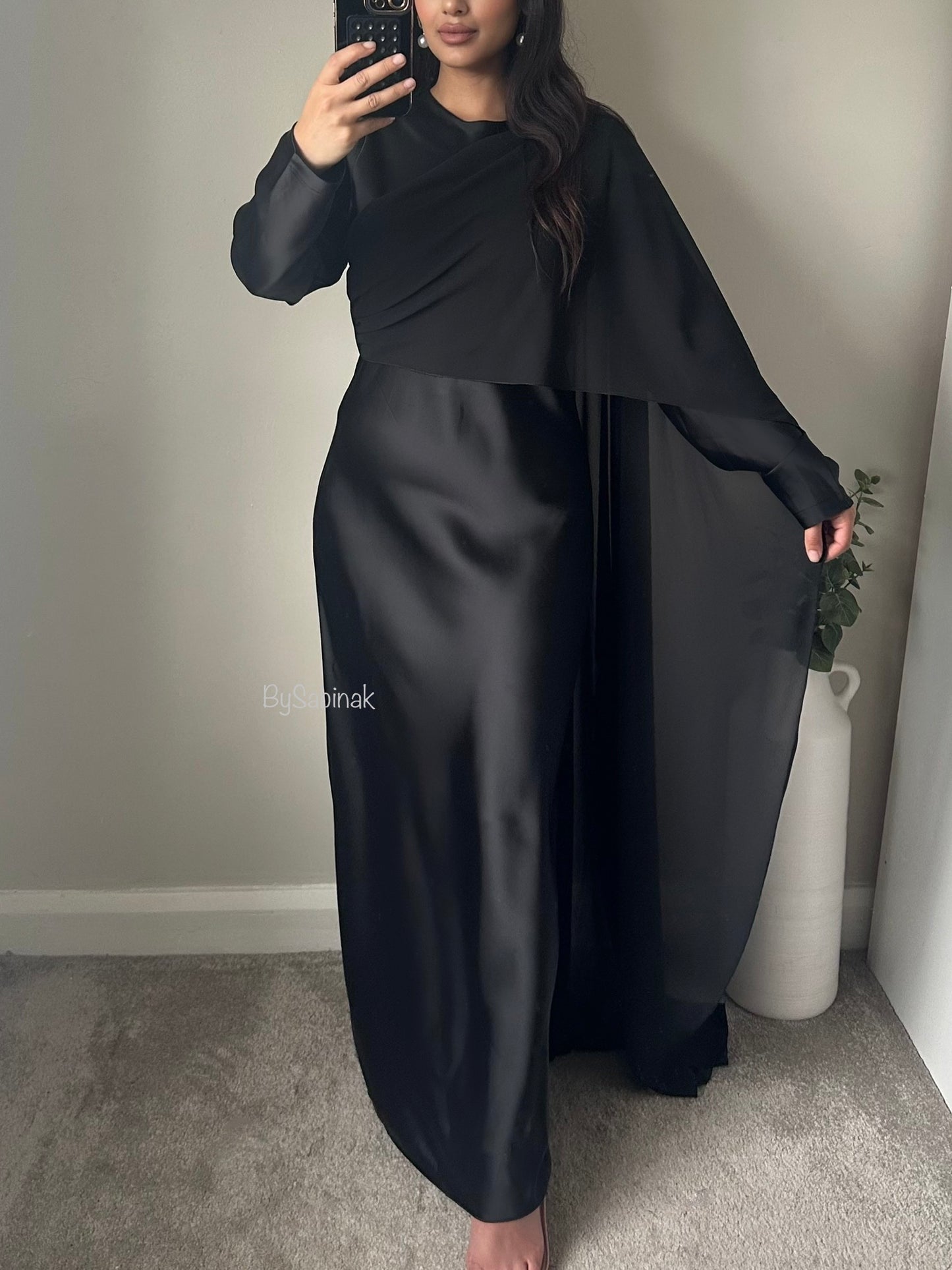 Black Satin One Shoulder Chiffon Scarf Maxi Dress