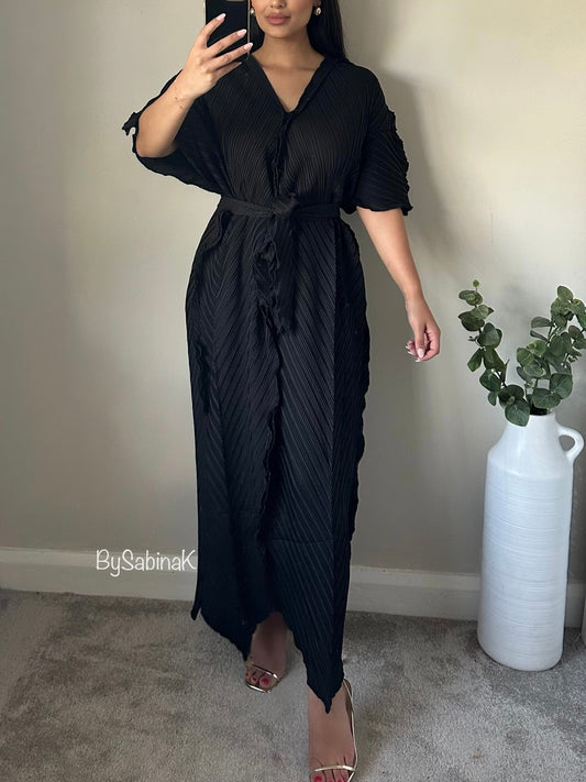 Black Belted Ruffle Kaftan Dress