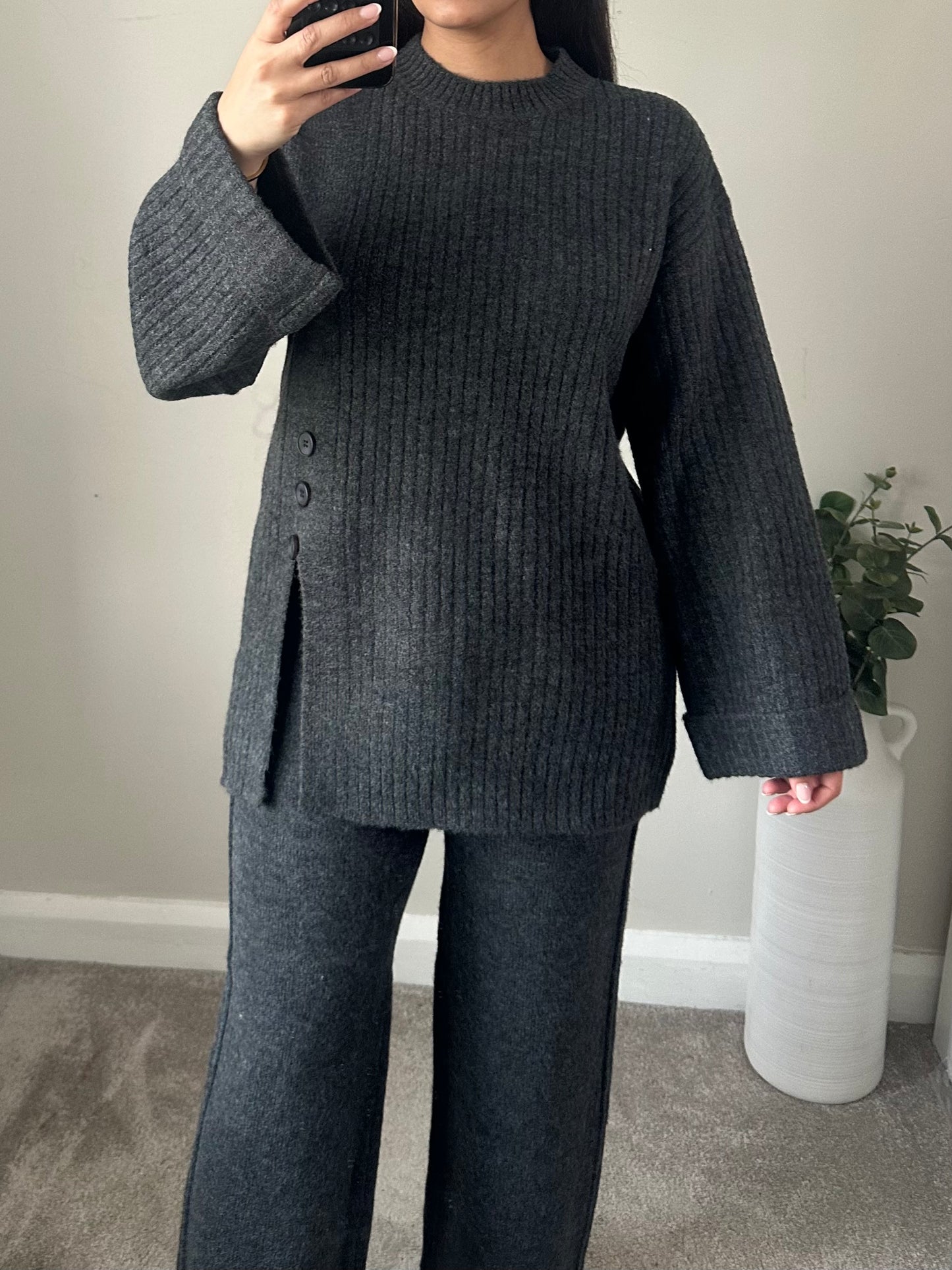 Grey Thick Knit Side Split Co-ord