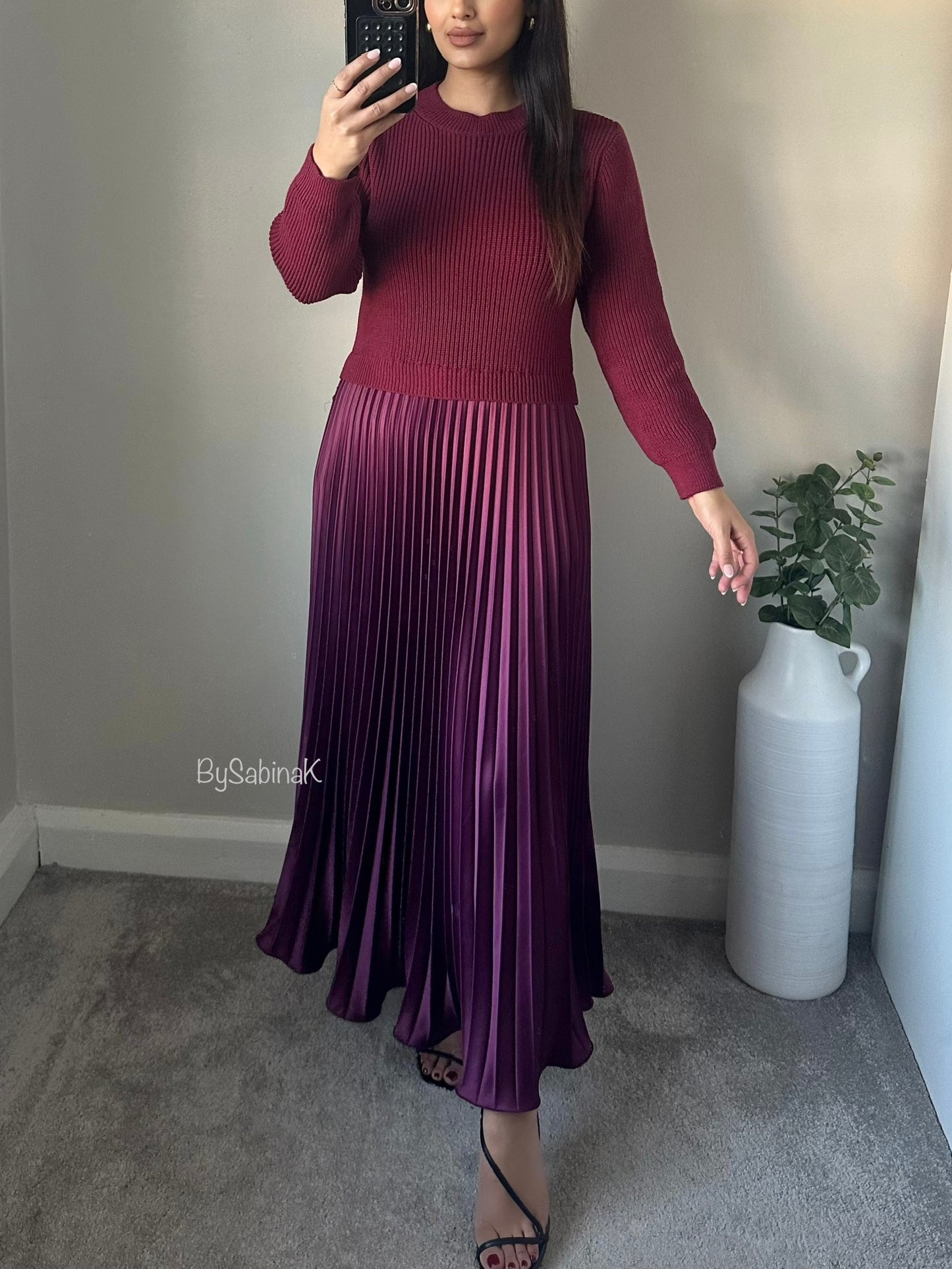 Wine Red Jumper Satin Pleated Dress