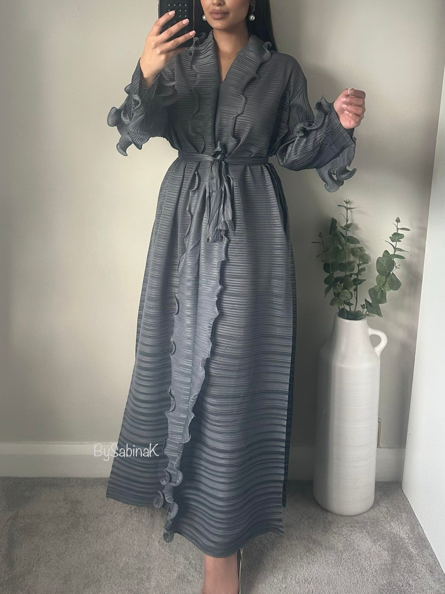 Grey Ruffle Abaya Dress. 837