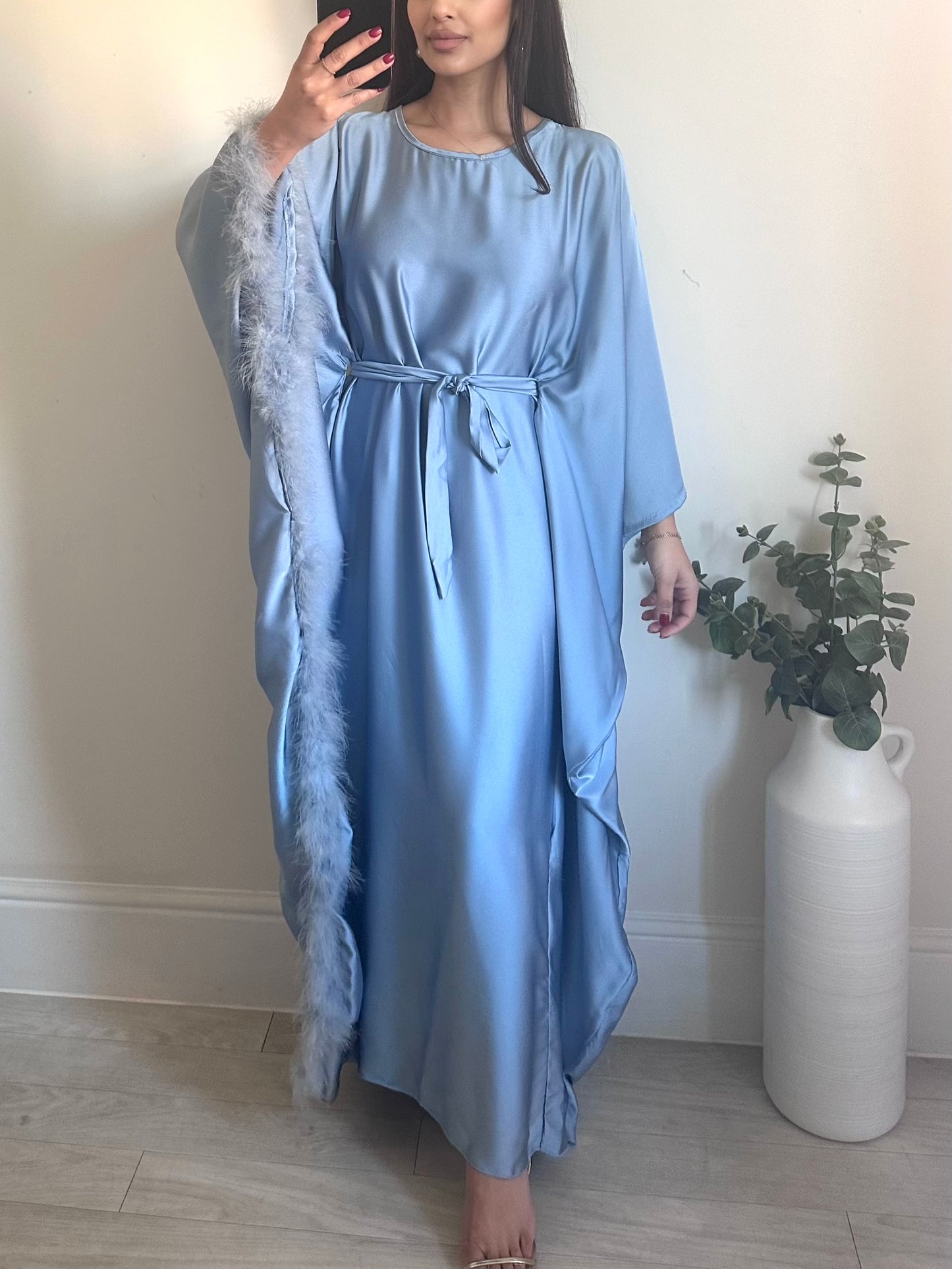 Blue Satin Fur Trimmed Tie Dress