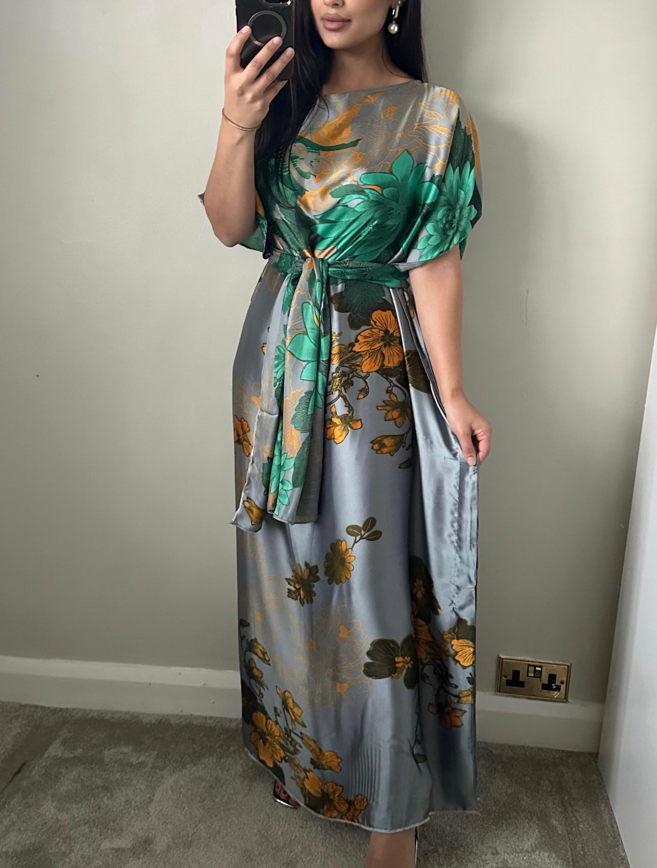 Grey/Green Satin Printed Kaftan