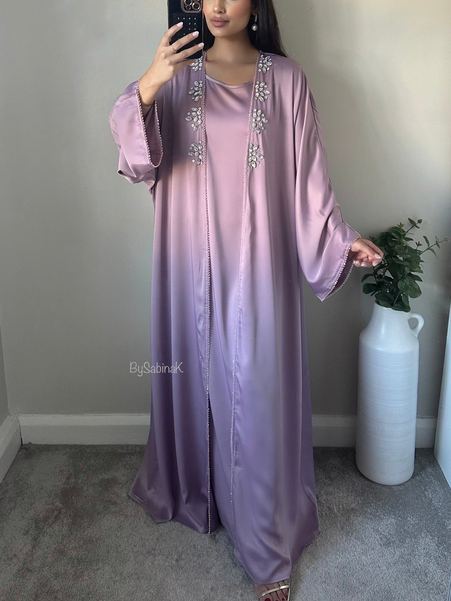 Lilac Satin Rhinestone Beaded Abaya Set