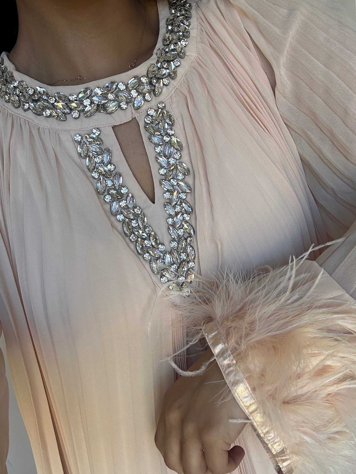 Peach Fur Premium Diamanté Pleated Chiffon Dress