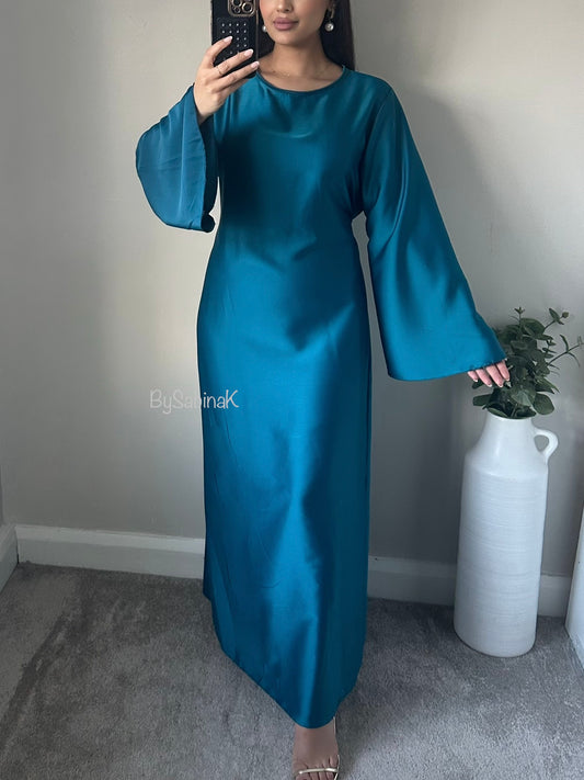 Teal Blue Satin Flared Sleeve Dress