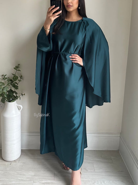 Teal Blue Satin Maxi Cape Dress