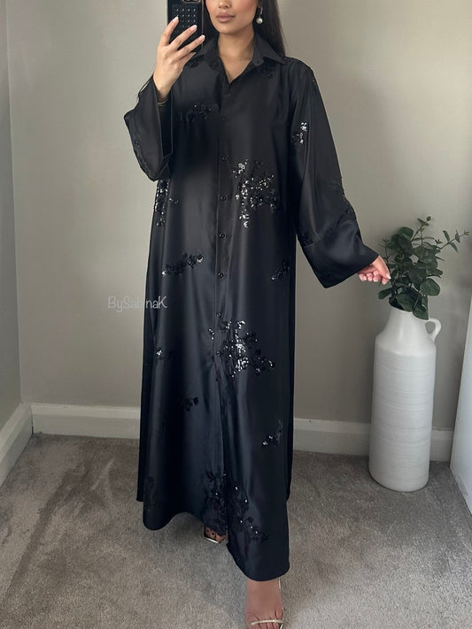 Black Buttoned Satin Floral Sequin Kaftan Abaya