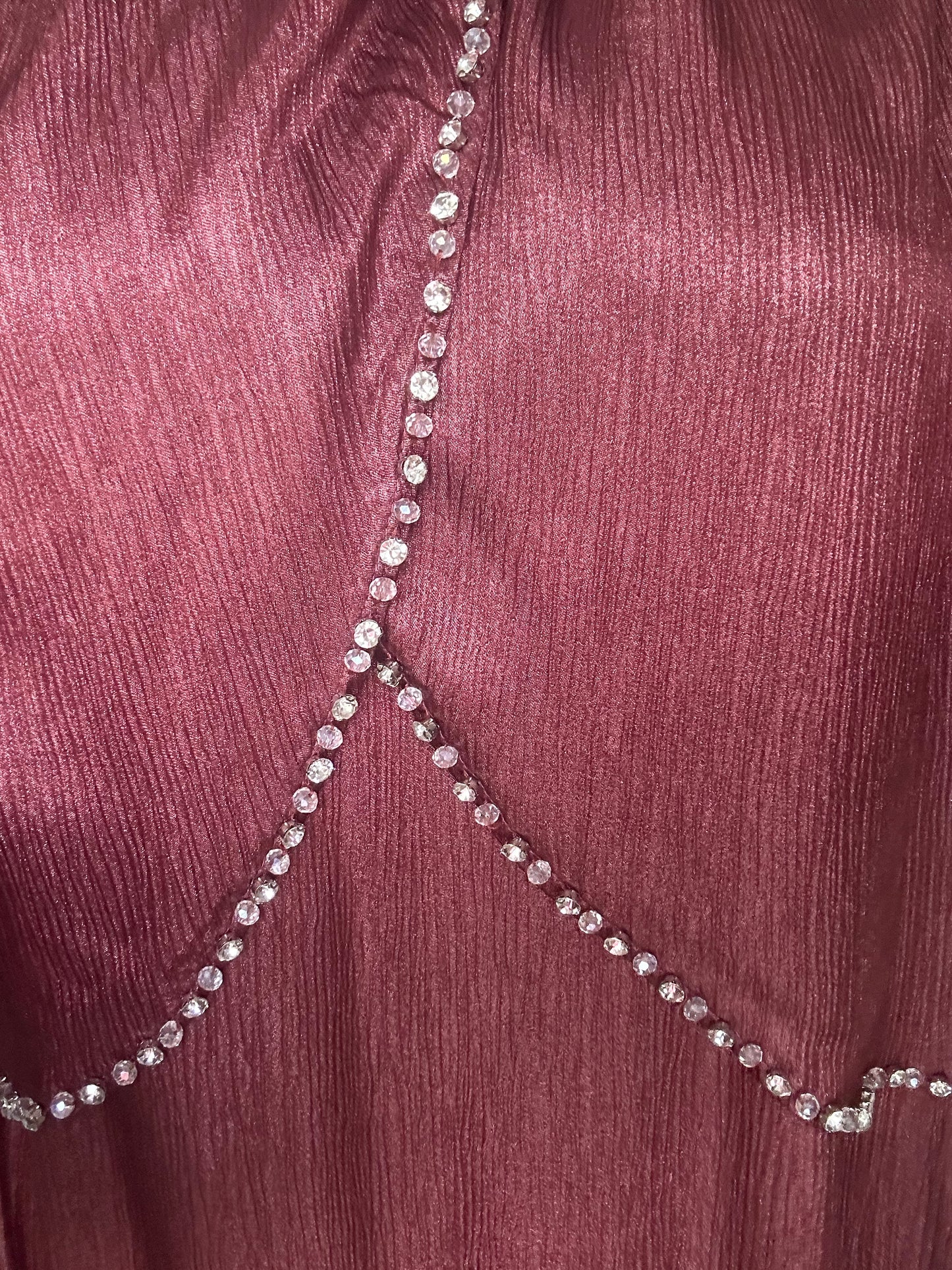 Burgundy Chiffon Silk Rhinestone Beaded Belted Dress