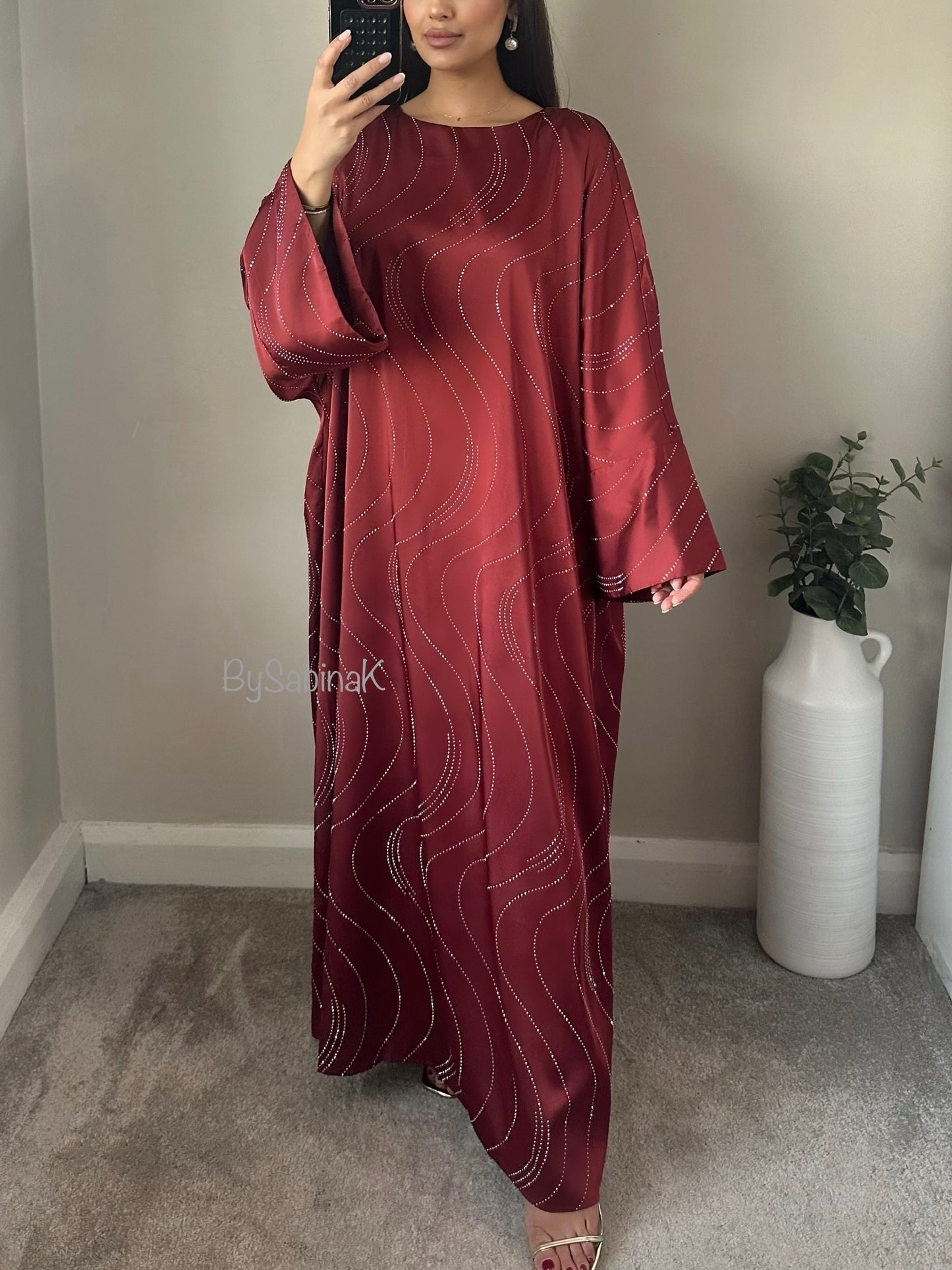 Wine Red Swirl Sequin Details Kaftan Abaya