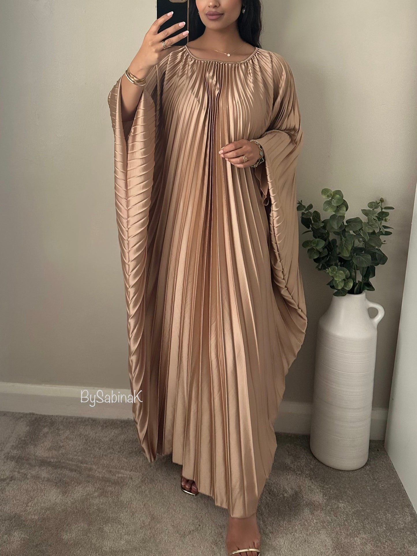 Gold Pleated Satin Kaftan Dress