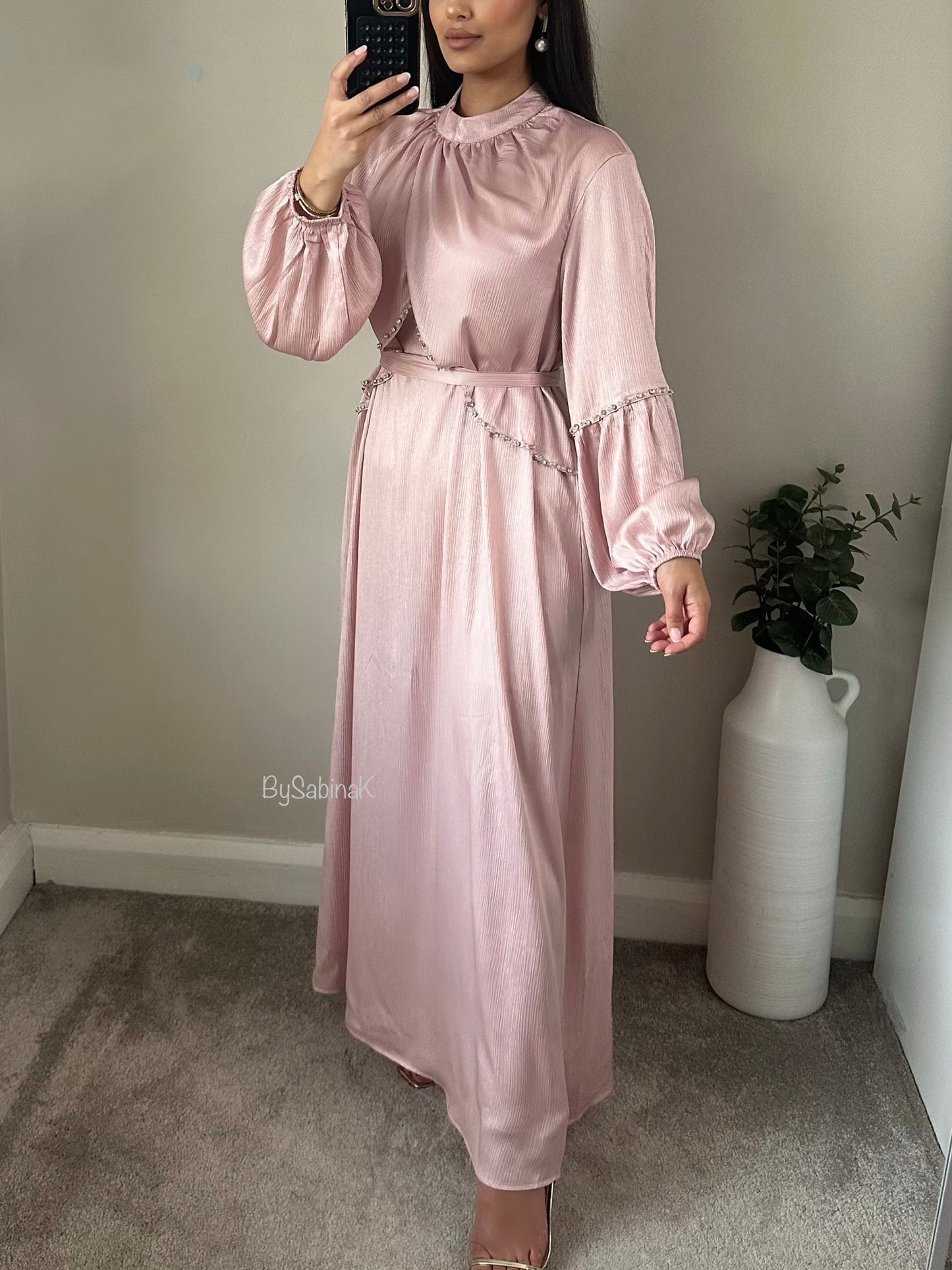 Pink Chiffon Silk Rhinestone Beaded Belted Dress