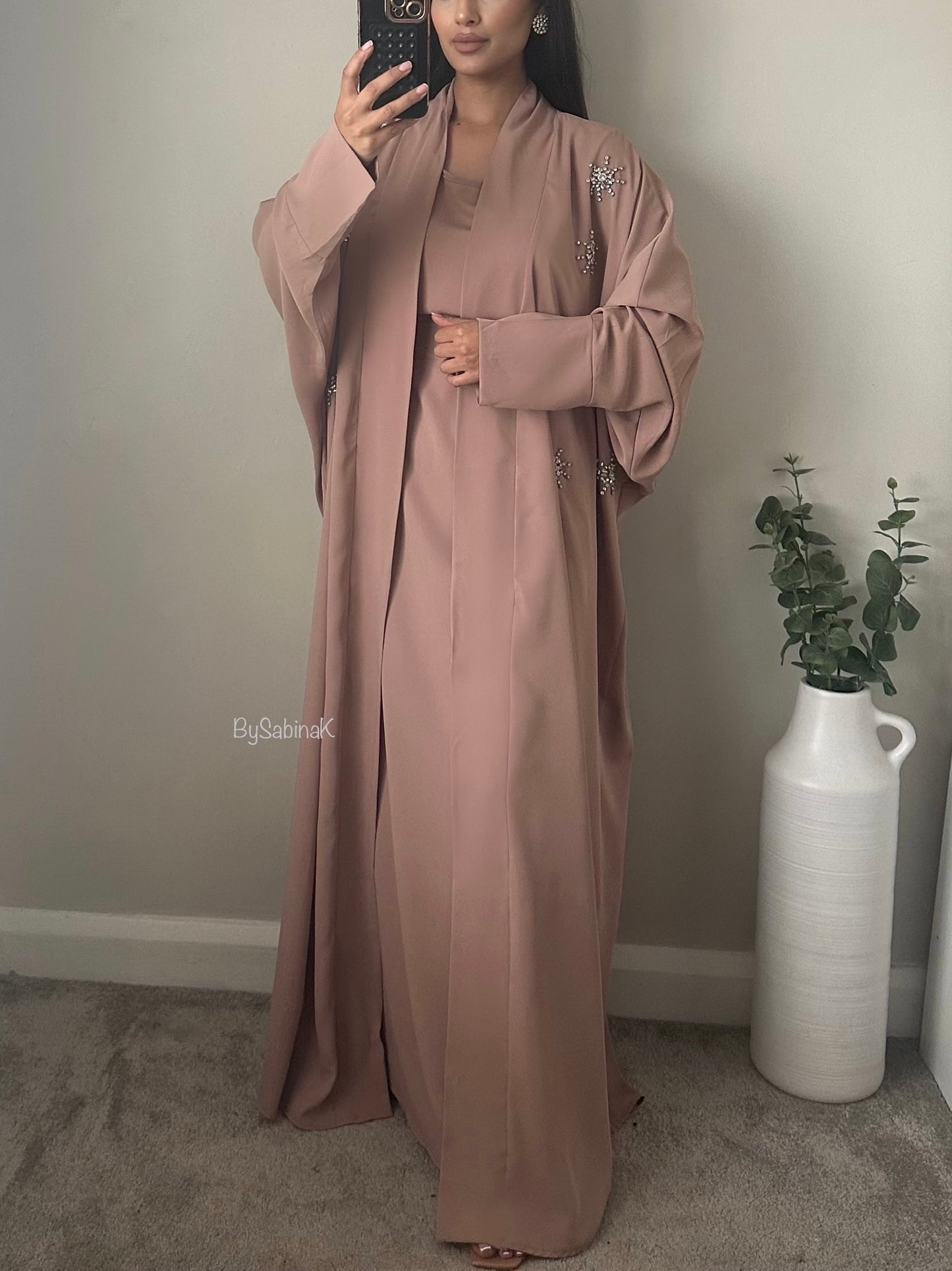 Pink Rhinestone Detail Batwing Abaya Set