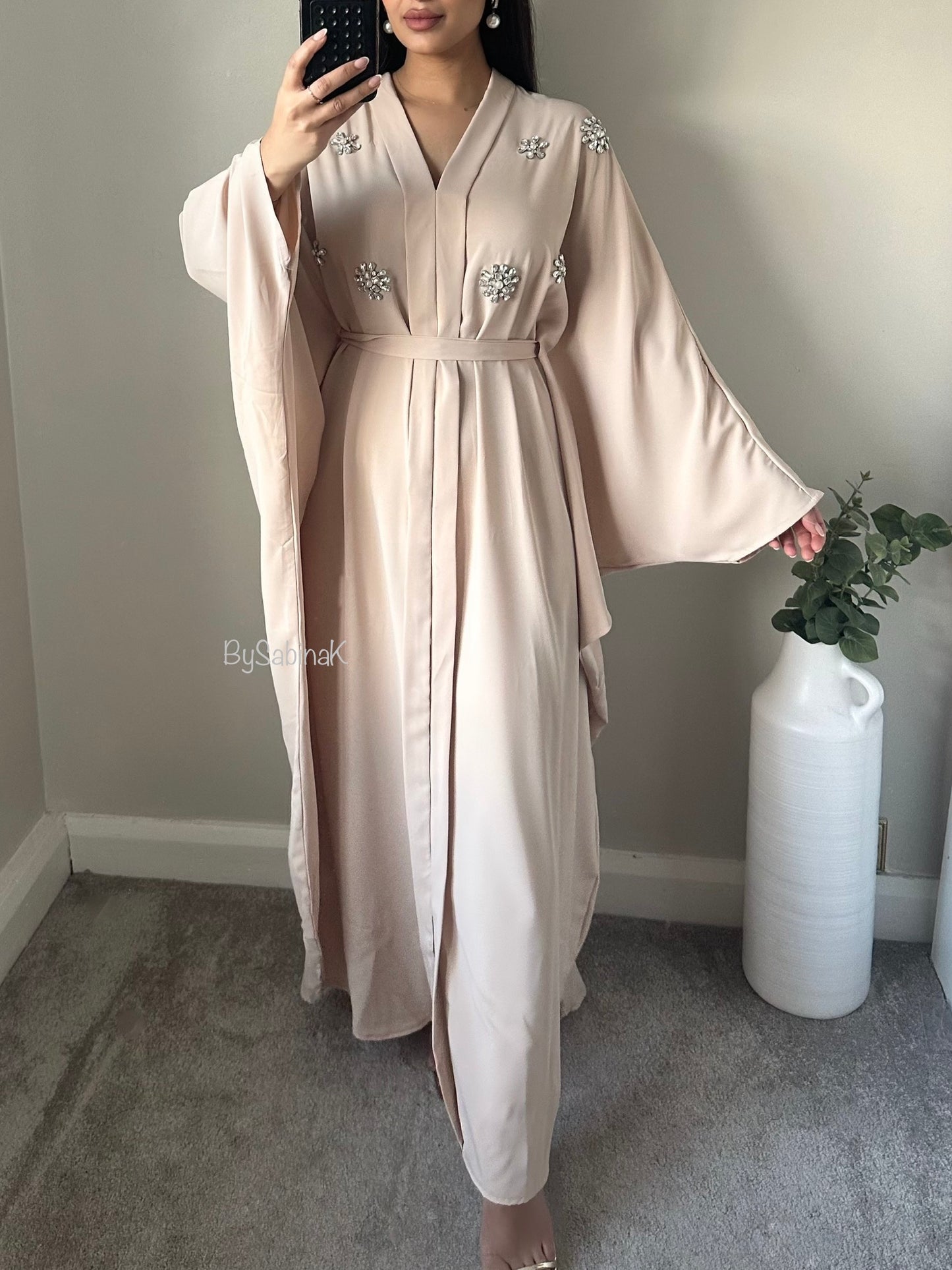 Beige Embellished Rhinestone Belted Kaftan Abaya