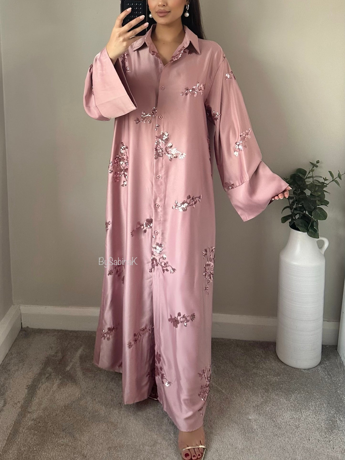 Pink Buttoned Satin Floral Sequin Kaftan Abaya