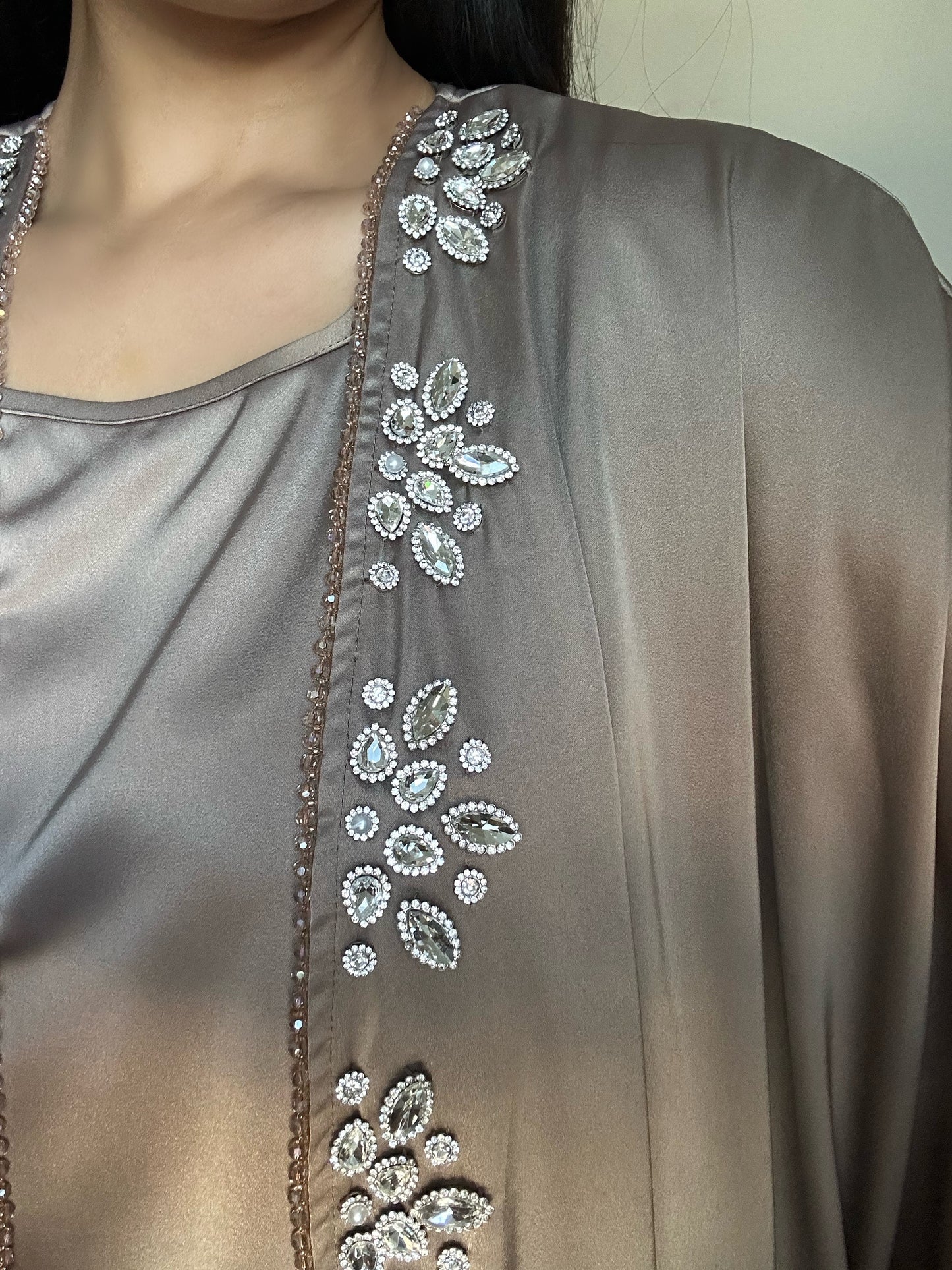 Mocha Satin Rhinestone Beaded Abaya Set