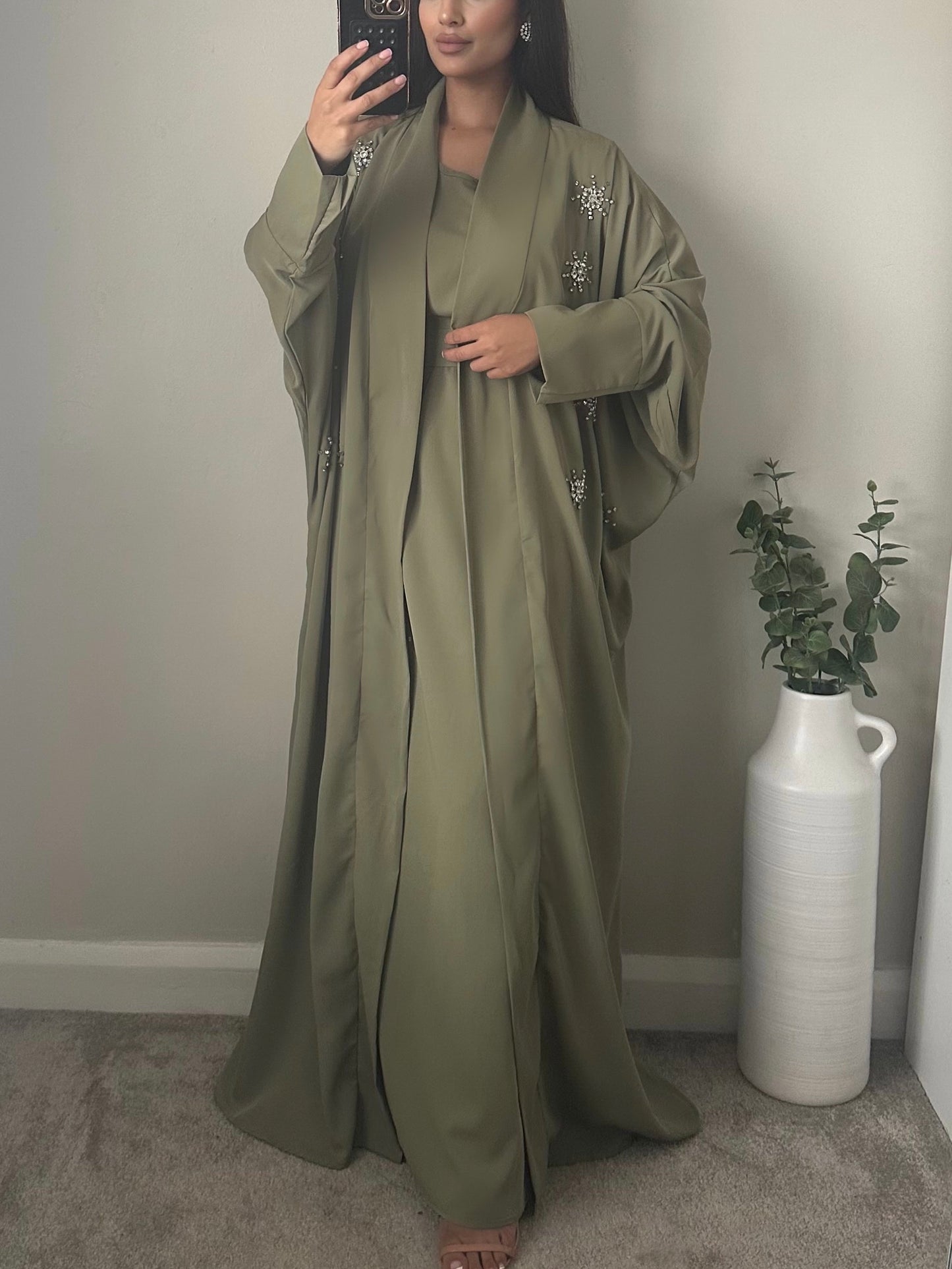 Khaki Green Rhinestone Detail Batwing Abaya Set