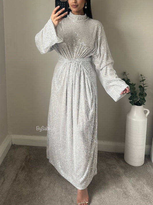 White Sequin Tie Belt Batwing Dress