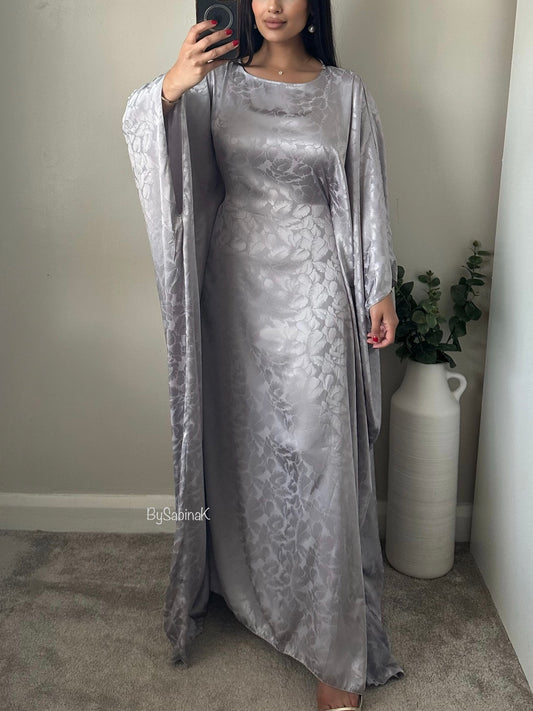 Silver Grey Satin Leaf Printed Butterfly Kaftan