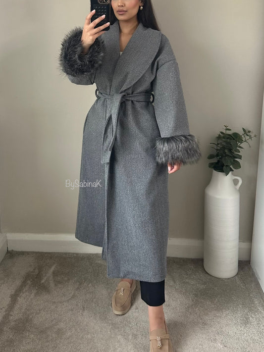 Grey Faux Fur Sleeve Long Wrap Coat