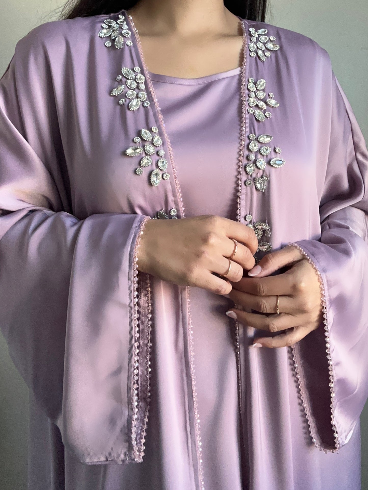 Lilac Satin Rhinestone Beaded Abaya Set